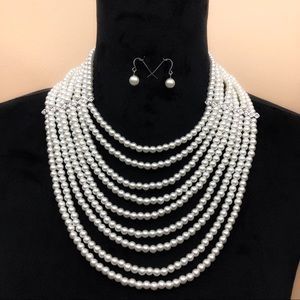 9 Row Layered Pearl Statement Necklace & Earrings Set
